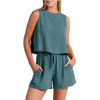 Damesset Zomer Mouwloze Tops en Shorts met Trekkoord Modepak 2-delig