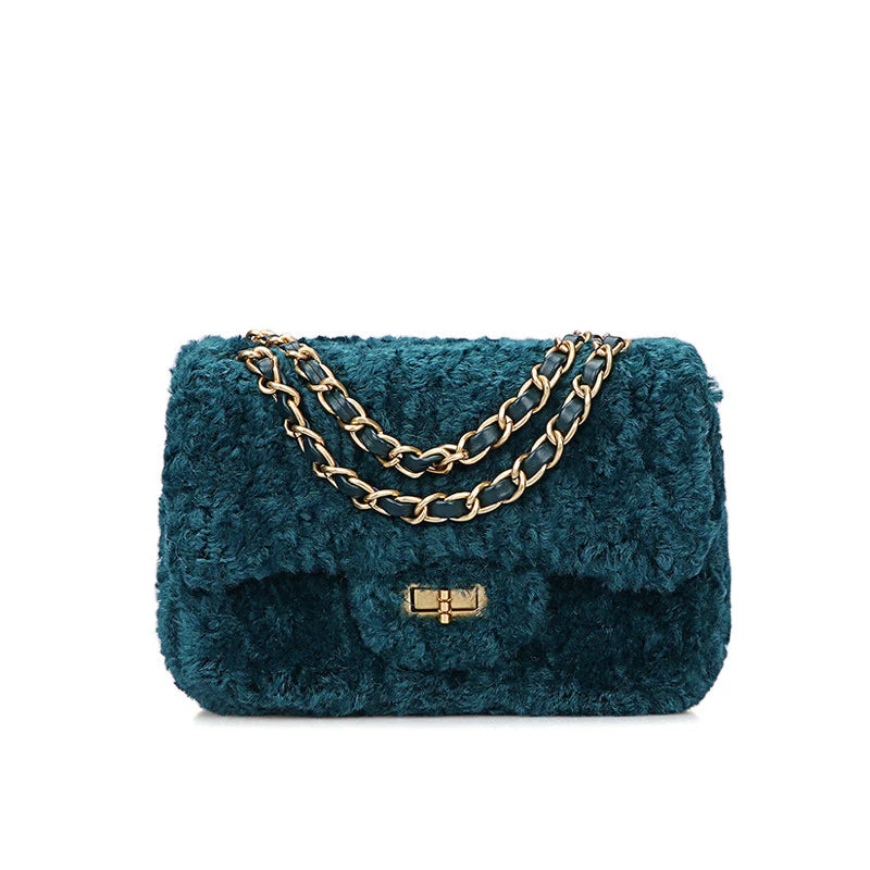 Women's Fashionable Faux Wool Shoulder Messenger Crossbody Handbag for Ladies Combination Color Women's Shoulder Bag