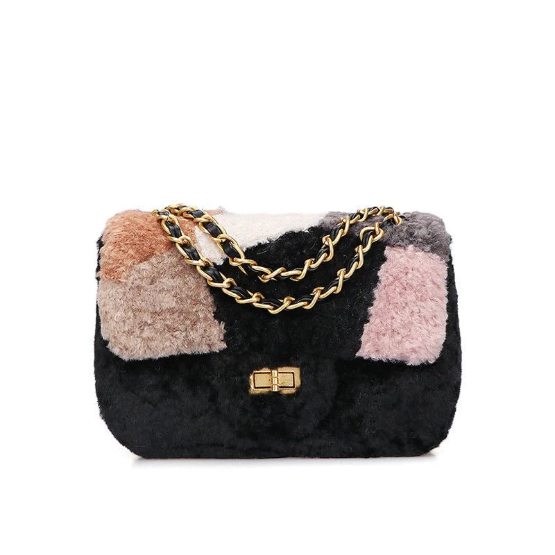 Women's Fashionable Faux Wool Shoulder Messenger Crossbody Handbag for Ladies Combination Color Women's Shoulder Bag