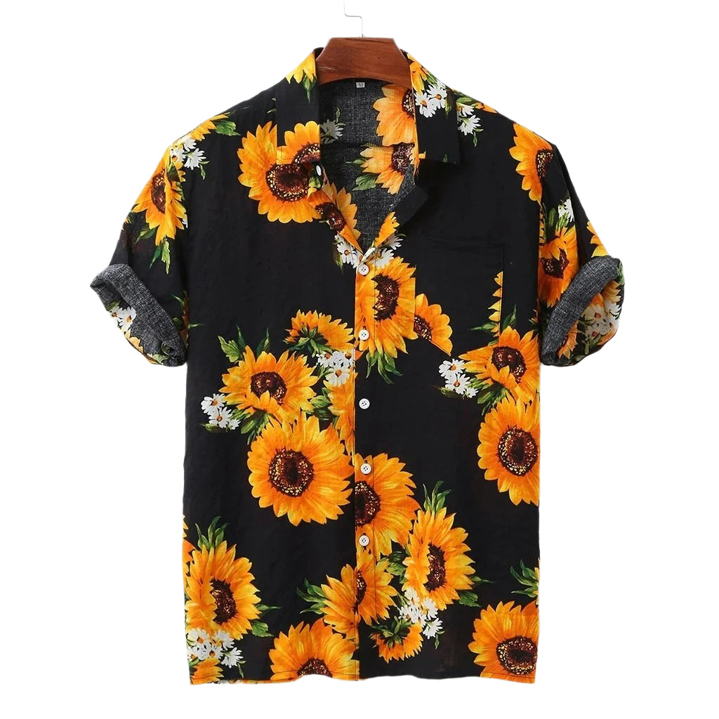 Camicie hawaiane casual da uomo, vestibilità ampia, stampa di girasoli, monopetto, maniche corte, colletto rovesciato