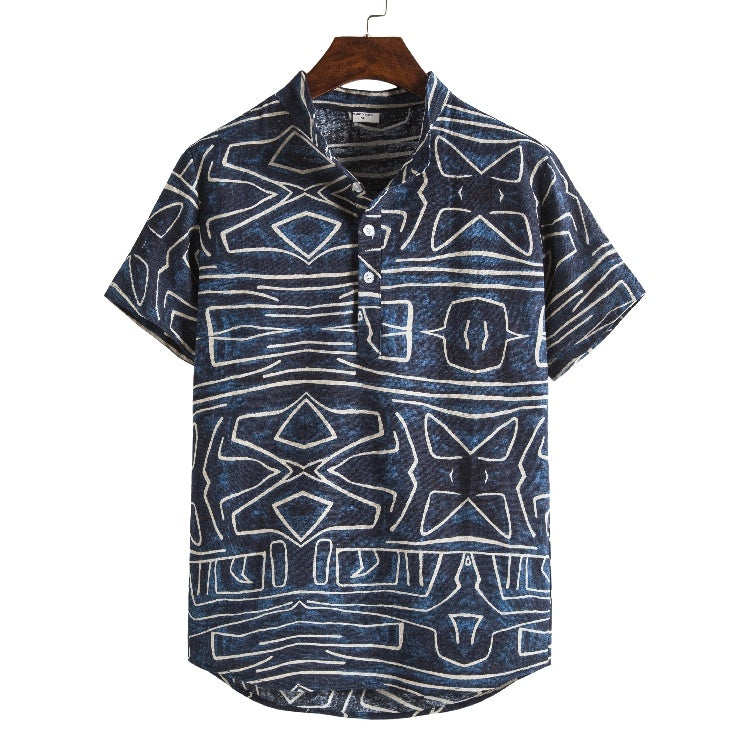 Camicia casual alla moda da uomo con colletto rialzato e maniche corte, motivo floreale a fiori spezzati, vestibilità slim, elegante camicia casual da uomo