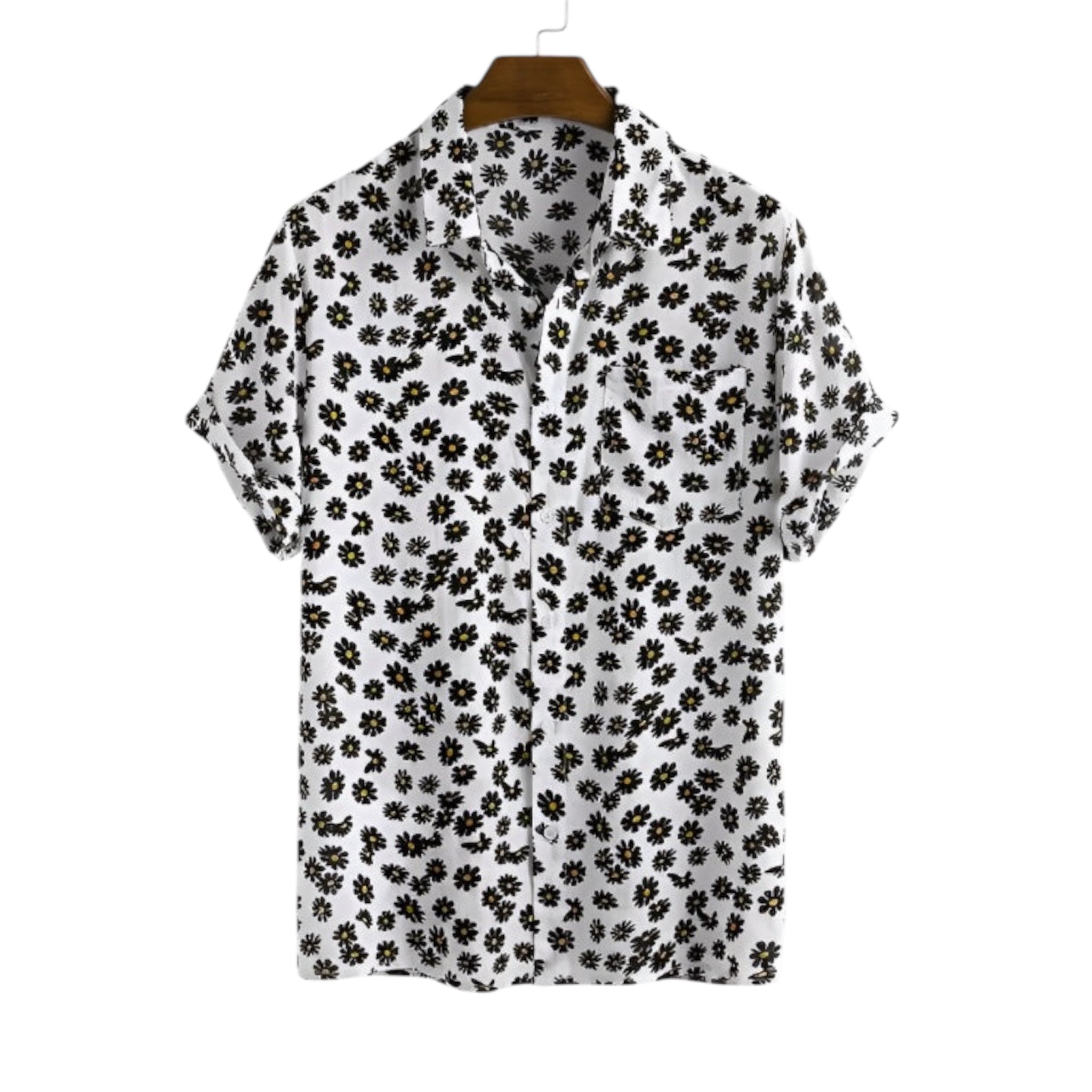 Camicia a maniche corte da uomo alla moda, camicia a maniche corte con stampa floreale, camicia casual da uomo hawaiana con stampa di piccole margherite