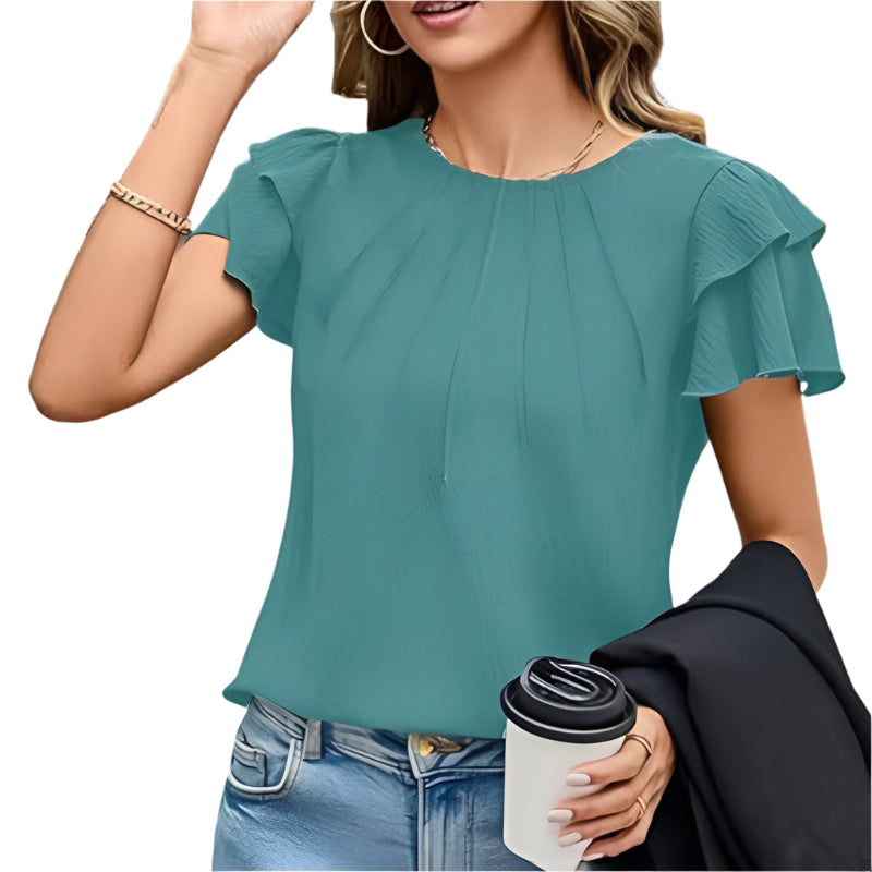 Women's Ruffle Short Sleeve Shirts Solid Color Round Neck Short Sleeve Fashion Casual Fashionable Women Dress - Acquisti Online