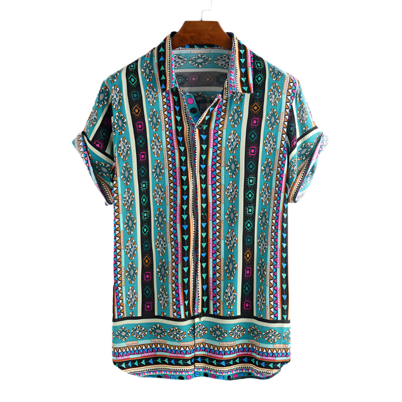 Men's Fashionable Casual Shirt Solid Color Printed Vertical Collar Stripe Pattern Short Sleeve Cardigan Men's Casual Shirt - Acquisti Online