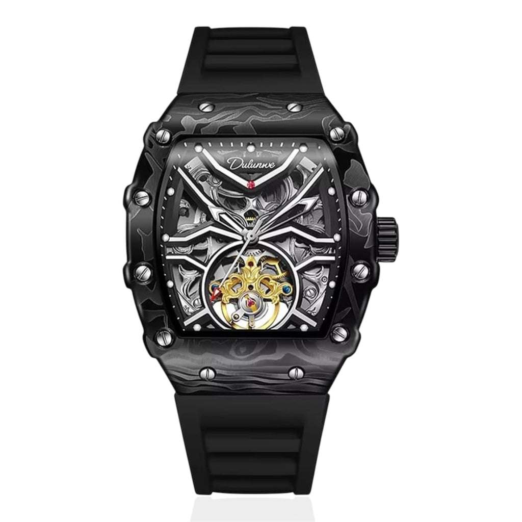 Dulunwe Fashion Skeleton Flywheel Sports Watches For Men Automatic Mechanical Watch Luxury Luminous WristWatch