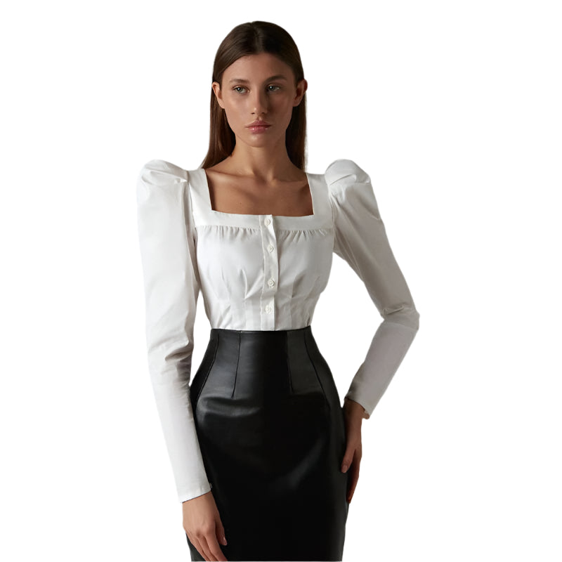Women's Fashionable Casual Puff sleeve single breasted Long Sleeve Square Collar Stylish Dress Fashion Women's Shirt