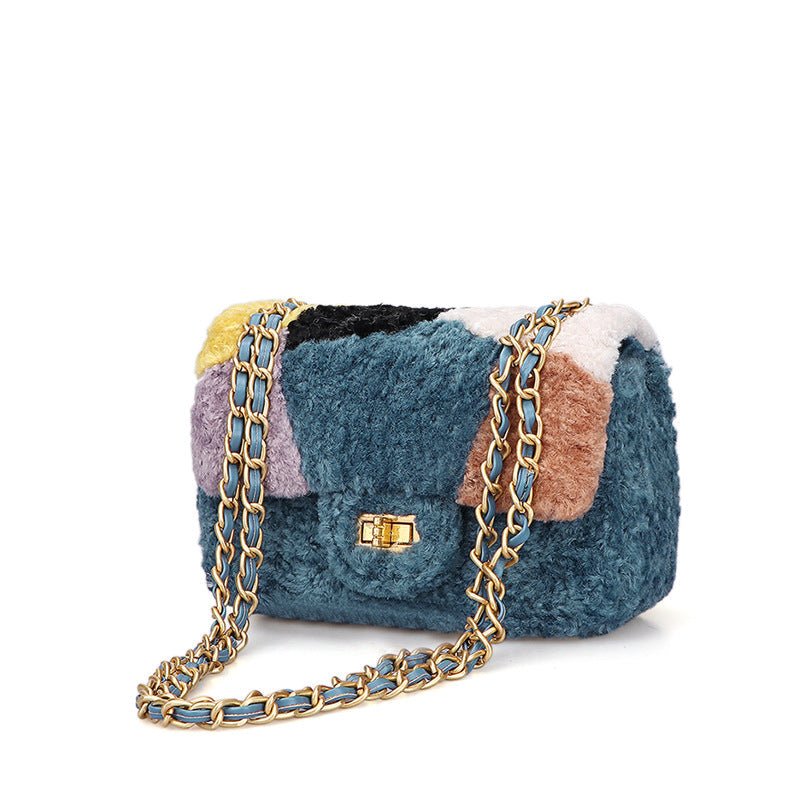 Women's Fashionable Faux Wool Shoulder Messenger Crossbody Handbag for Ladies Combination Color Women's Shoulder Bag