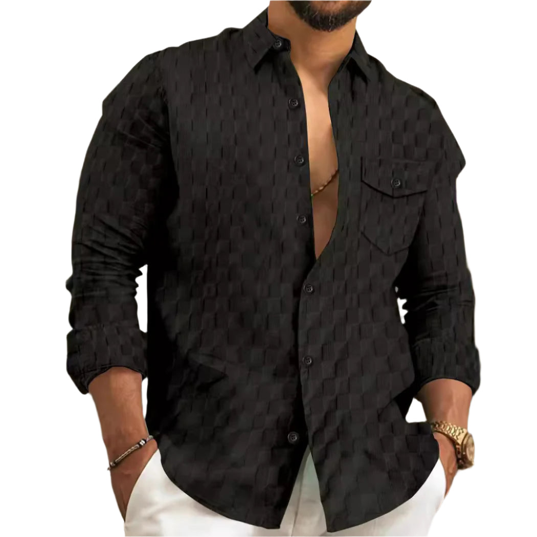 Heren geruit jacquard borstzak revers lange mouwen revers overhemd