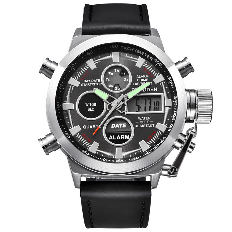 Herenhorloge met leren riem en LED-elektronische sporthorloge