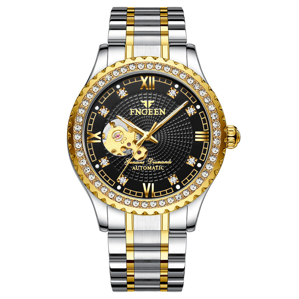 FNGEEN Explosion Automatic Double Sided Hollow Luminous Stainless Steel Strap Diamond Inlaid Men Mechanical Watch
