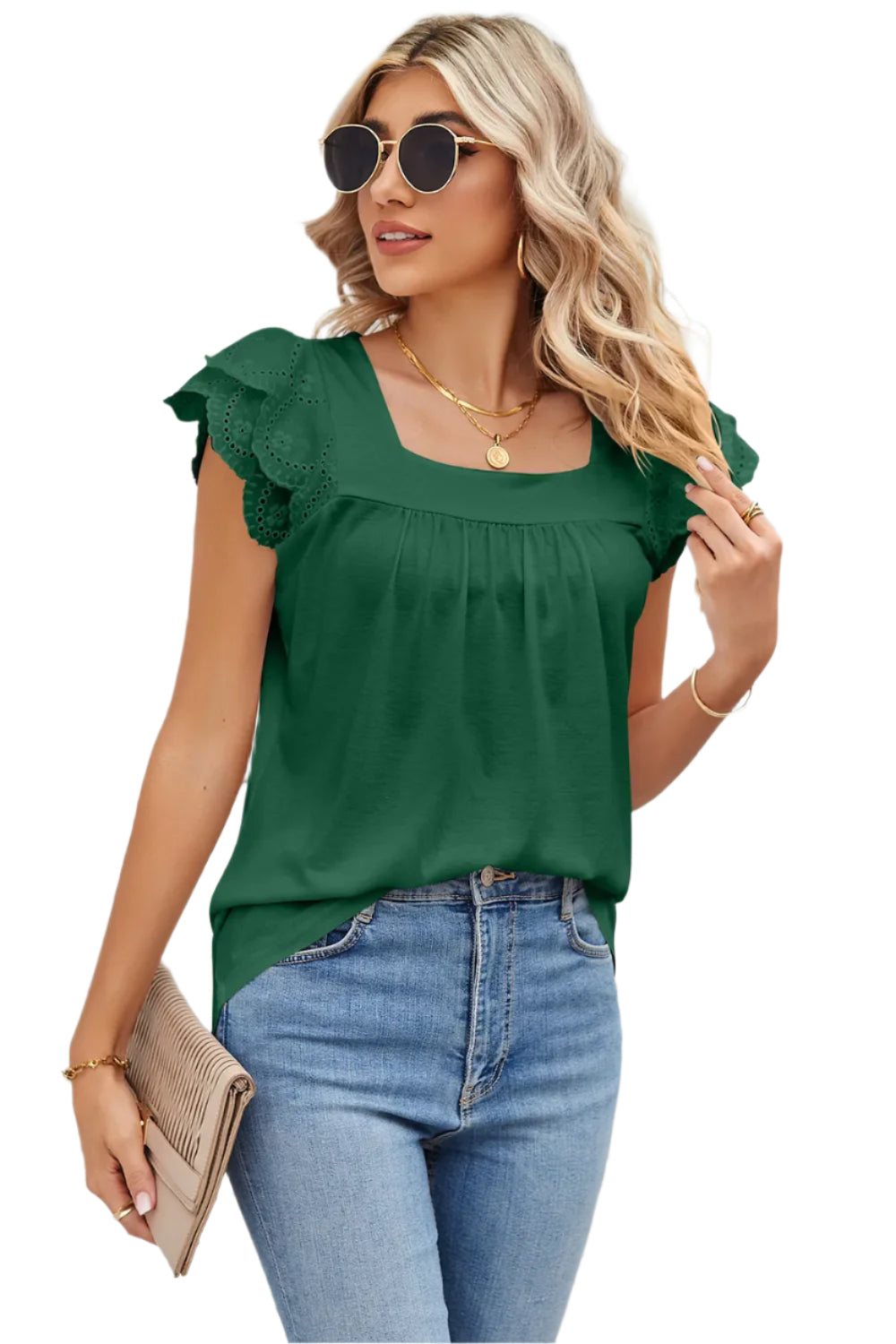 Effen T-shirt met korte mouwen en kanten patchwork, vierkante kraag en bloemblaadjesmotief voor dames