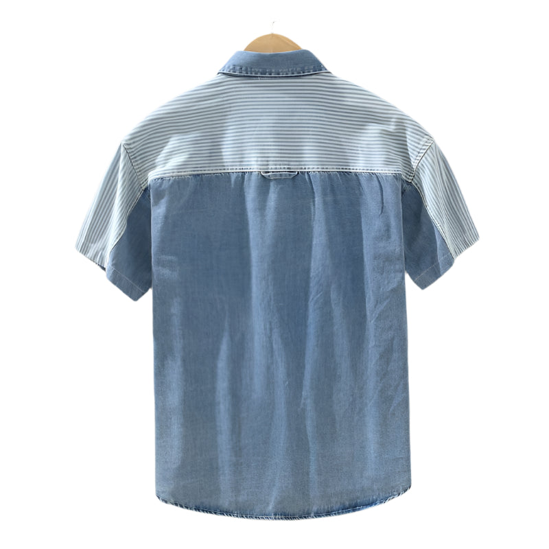 Modeontwerpgevoel Kleurcontrast Patchwork Gestreept Denim Overhemd met Korte Mouwen