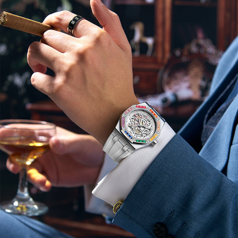 Orologio Meccanico Automatico da Uomo di Lusso con Cinturino in Silicone e Diamanti Arcobaleno