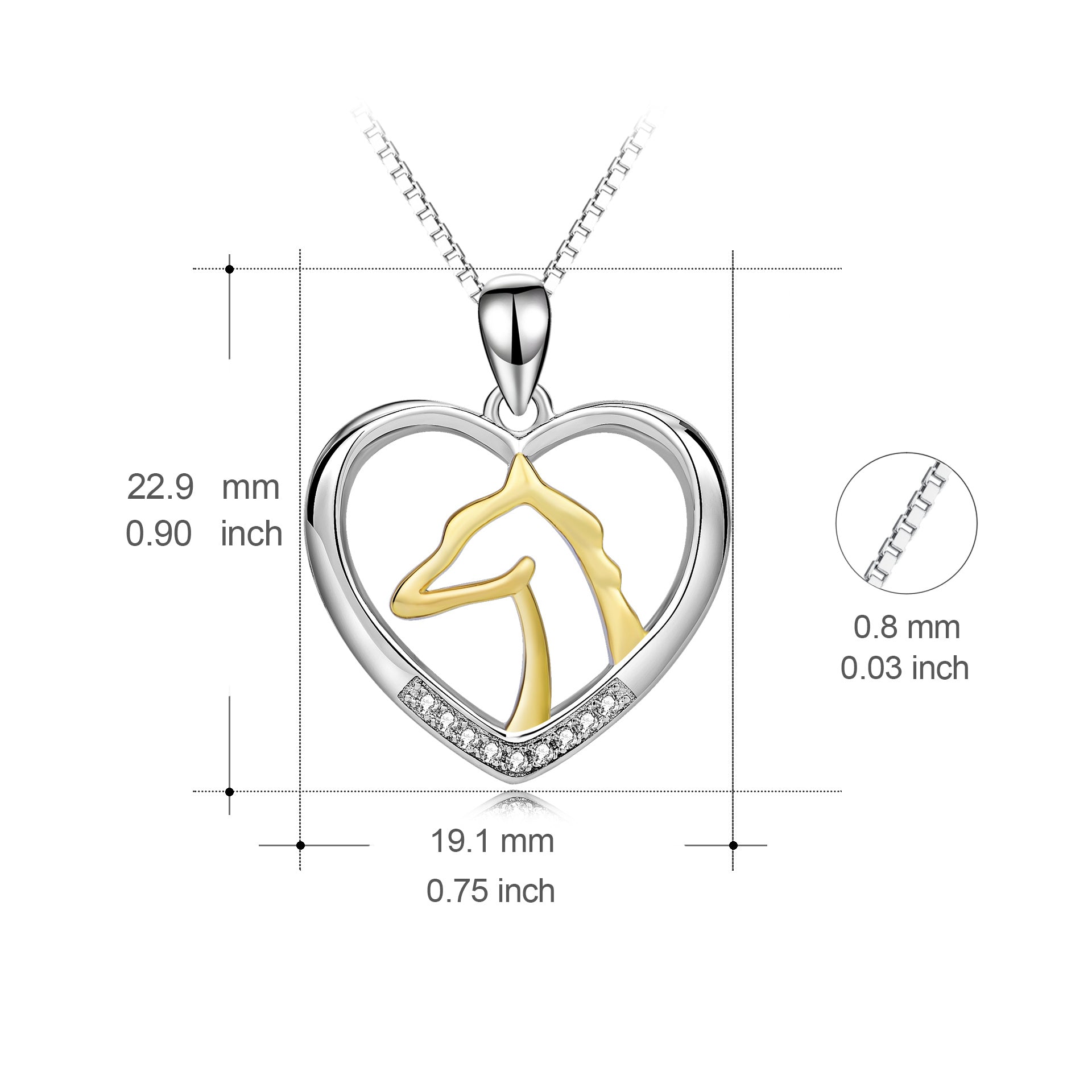 Women Fashionable Necklace 925 Sterling Silver Rhinestone Heart Shape Gold Horse Pendant Necklace Women's  Necklace