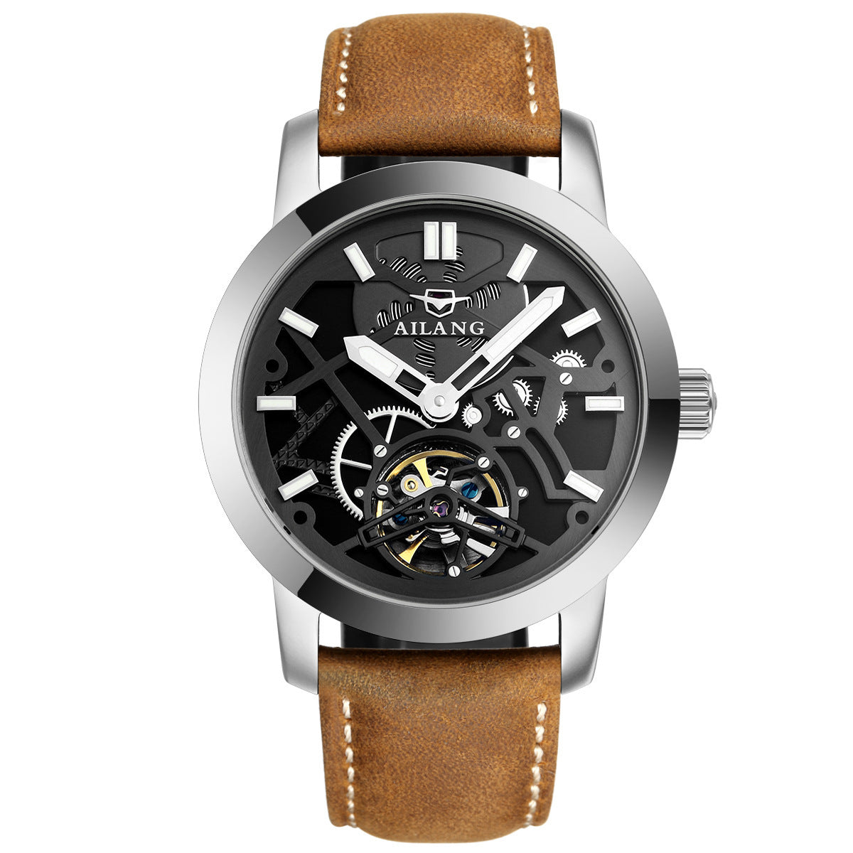 Ailang Men's Business Casual Automatic Mechanical Watch Hollow Flywheel Waterproof Fashion Men's Leather Band Watch - Acquisti Online