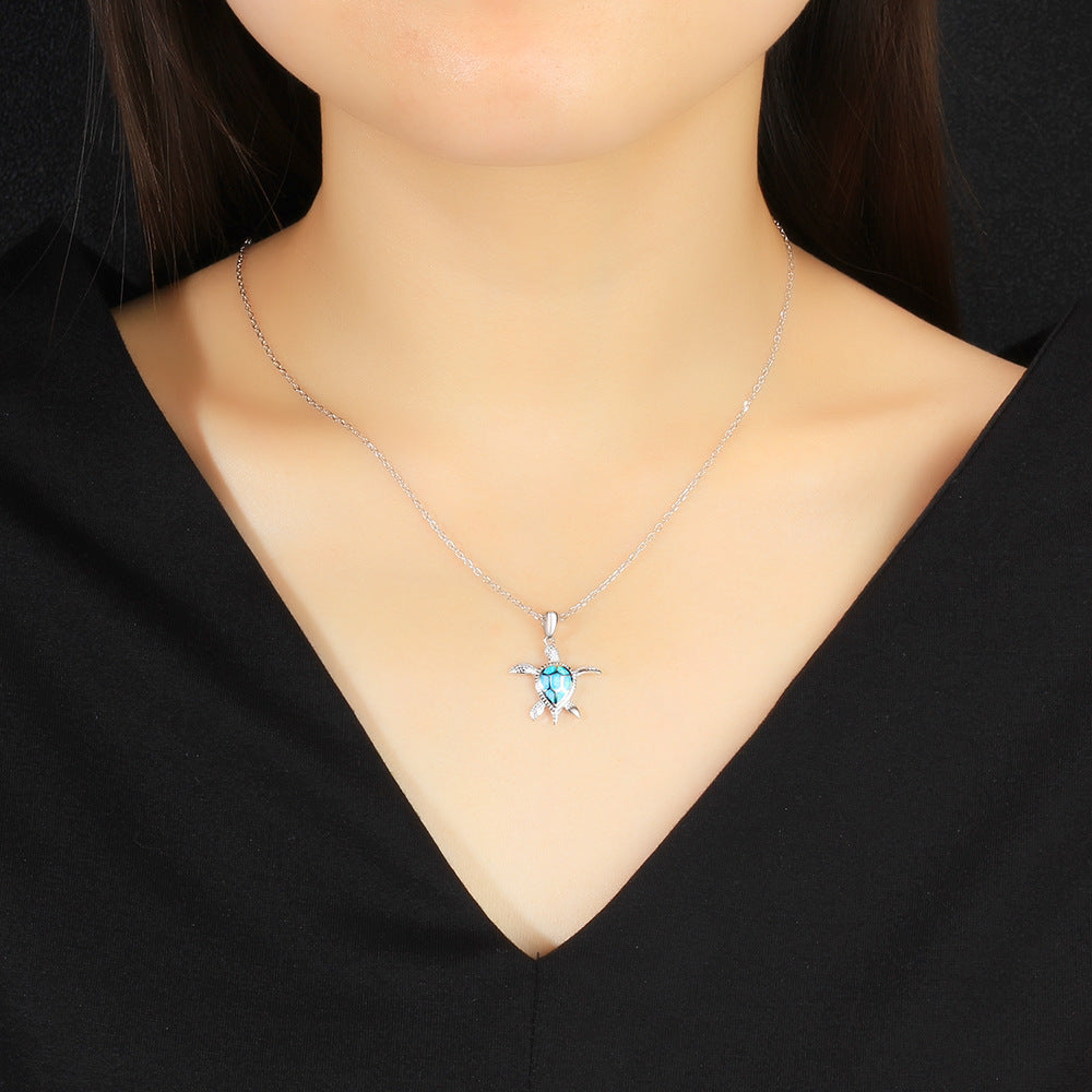 Women Fashionable Necklace Versatile Opal Clavicle Chain 925 Sterling Silver Cute Sea Turtle Pendant Charm Necklace