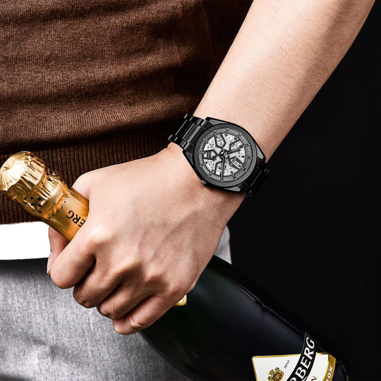 BEN NEVIS Men Skeleton Automatic Mechanical Movement Watch Waterproof Steel Band Man Fashion Watch - Acquisti Online