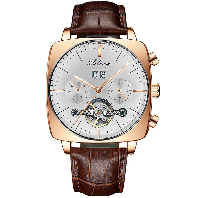 Ailang Man Fashion Square Watch Leather Band Hollow Tourbillon Multi-function Automatic Mechanical Movement Waterproof Man Watch - Acquisti Online
