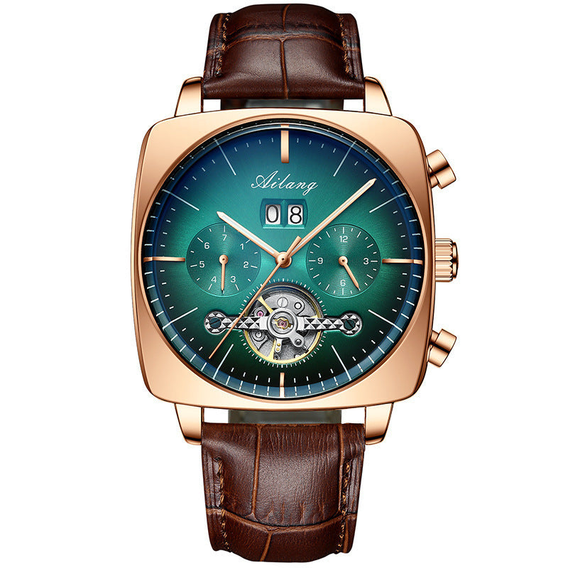 Ailang Man Fashion Square Watch Leather Band Hollow Tourbillon Multi-function Automatic Mechanical Movement Waterproof Man Watch - Acquisti Online