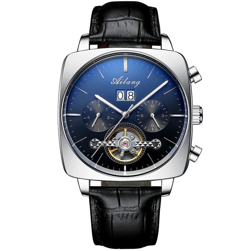 Ailang Man Fashion Square Watch Leather Band Hollow Tourbillon Multi-function Automatic Mechanical Movement Waterproof Man Watch - Acquisti Online