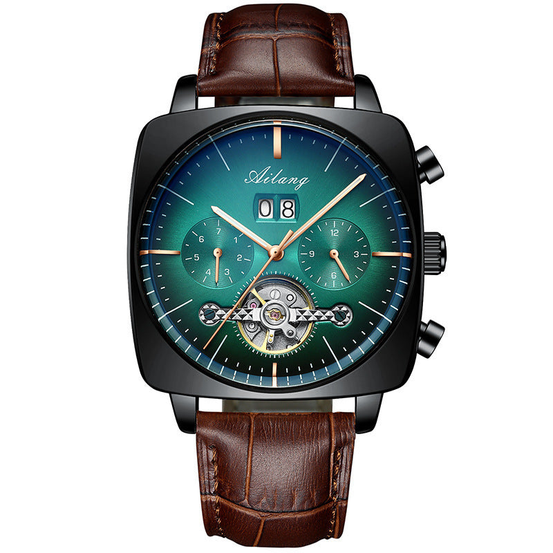 Ailang Man Fashion Square Watch Leather Band Hollow Tourbillon Multi-function Automatic Mechanical Movement Waterproof Man Watch - Acquisti Online