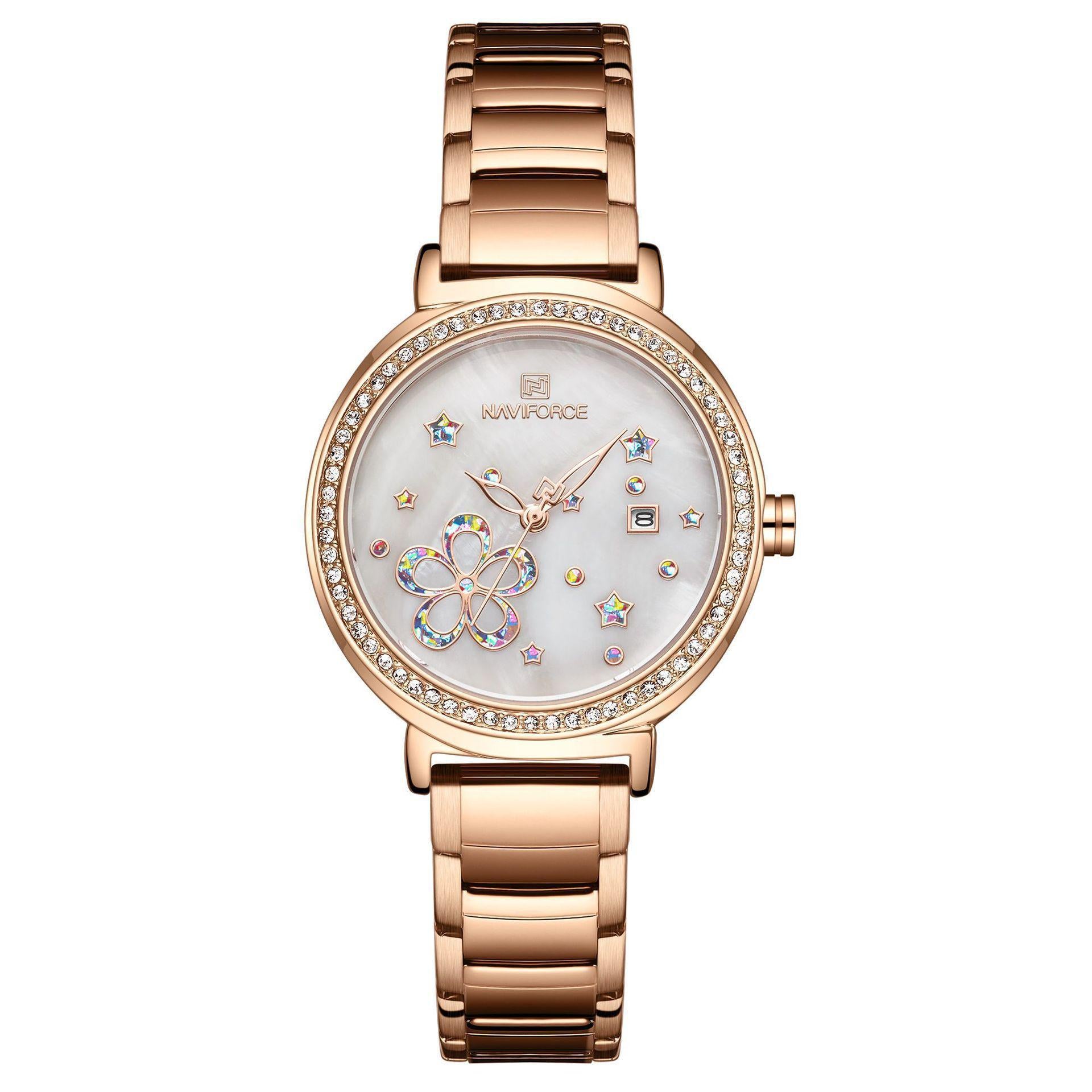 NAVIFORCE 5016 Dames Luxe Quartz Horloge met Strass Wijzerplaat, Quartz Dames Waterdicht Quartz Polshorloge