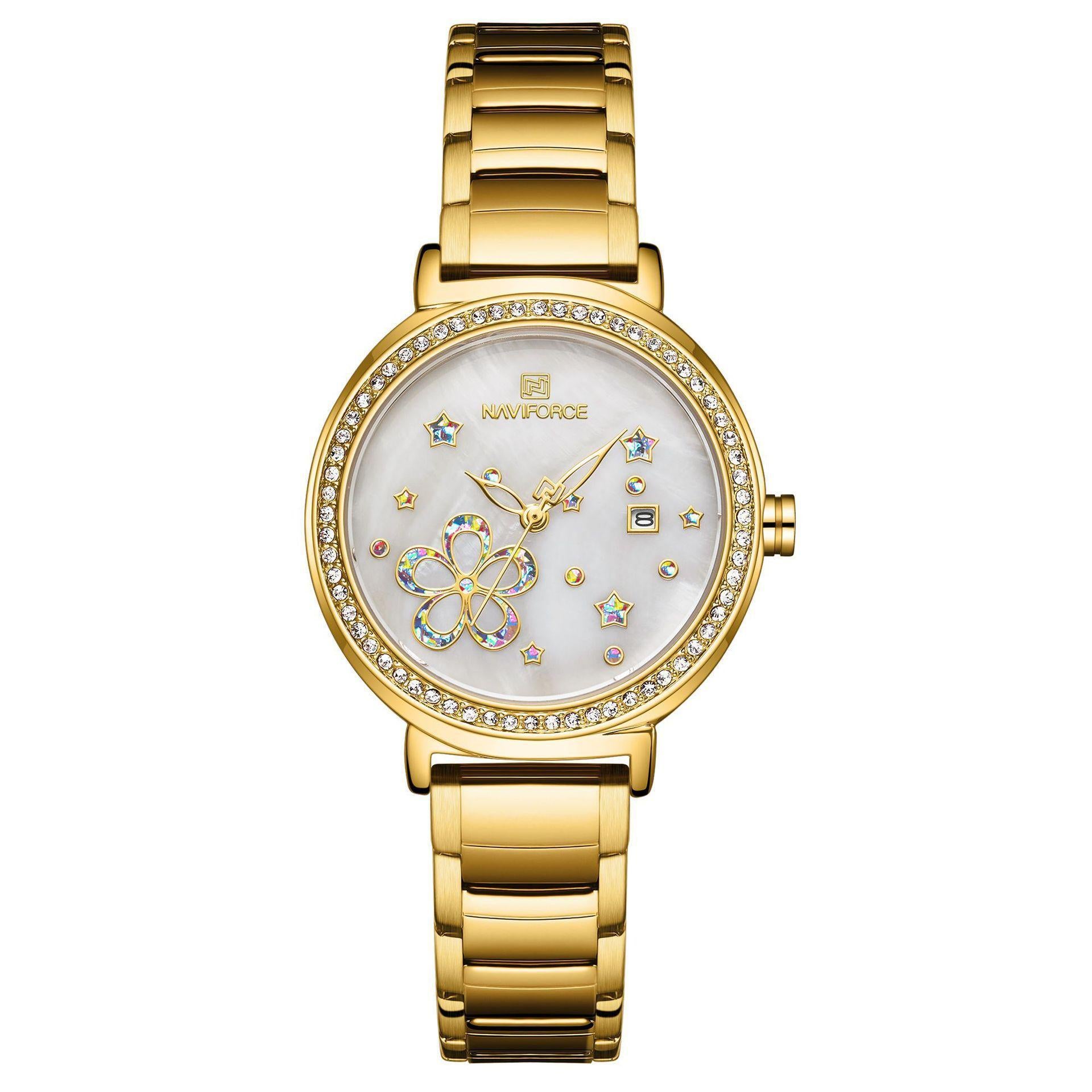 NAVIFORCE 5016 Dames Luxe Quartz Horloge met Strass Wijzerplaat, Quartz Dames Waterdicht Quartz Polshorloge