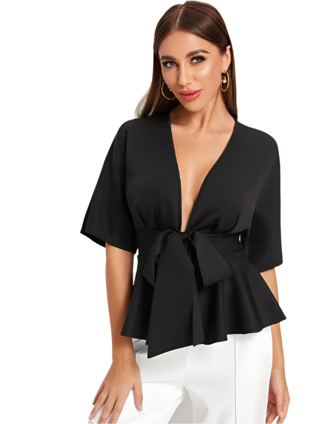 Sexy diep V-hals shirt met geplooide zoom en riem voor dames, OL Temperament, eenvoudig shirt