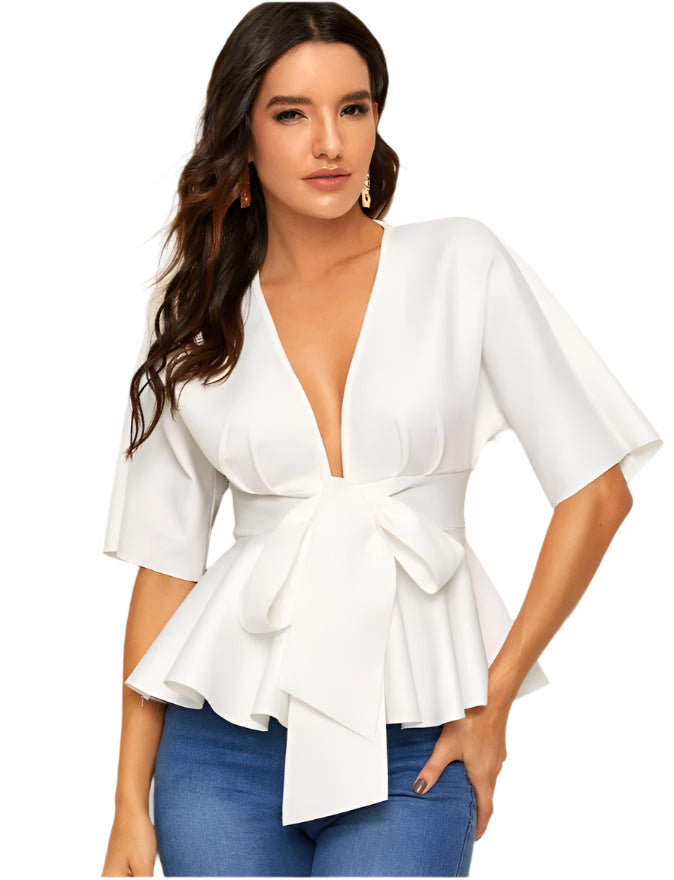 Sexy diep V-hals shirt met geplooide zoom en riem voor dames, OL Temperament, eenvoudig shirt
