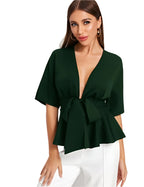 Sexy diep V-hals shirt met geplooide zoom en riem voor dames, OL Temperament, eenvoudig shirt