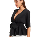 Sexy diep V-hals shirt met geplooide zoom en riem voor dames, OL Temperament, eenvoudig shirt