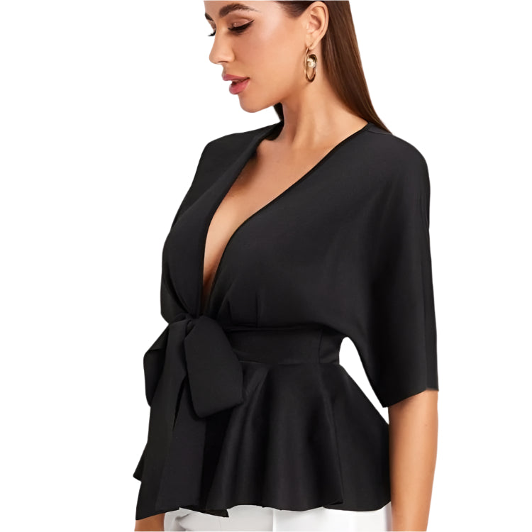 Sexy diep V-hals shirt met geplooide zoom en riem voor dames, OL Temperament, eenvoudig shirt