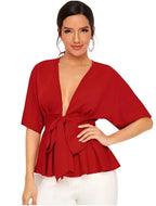 Sexy diep V-hals shirt met geplooide zoom en riem voor dames, OL Temperament, eenvoudig shirt