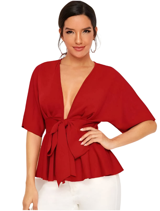 Sexy diep V-hals shirt met geplooide zoom en riem voor dames, OL Temperament, eenvoudig shirt