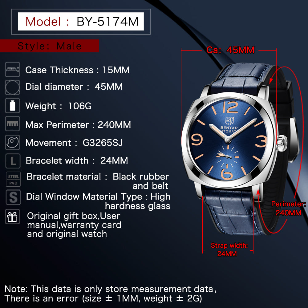 BENYAR Men's Business Casual Watch Spiral Crown Pin Buckle Automatic Mechanical Movement Waterproof Man Watch - Acquisti Online