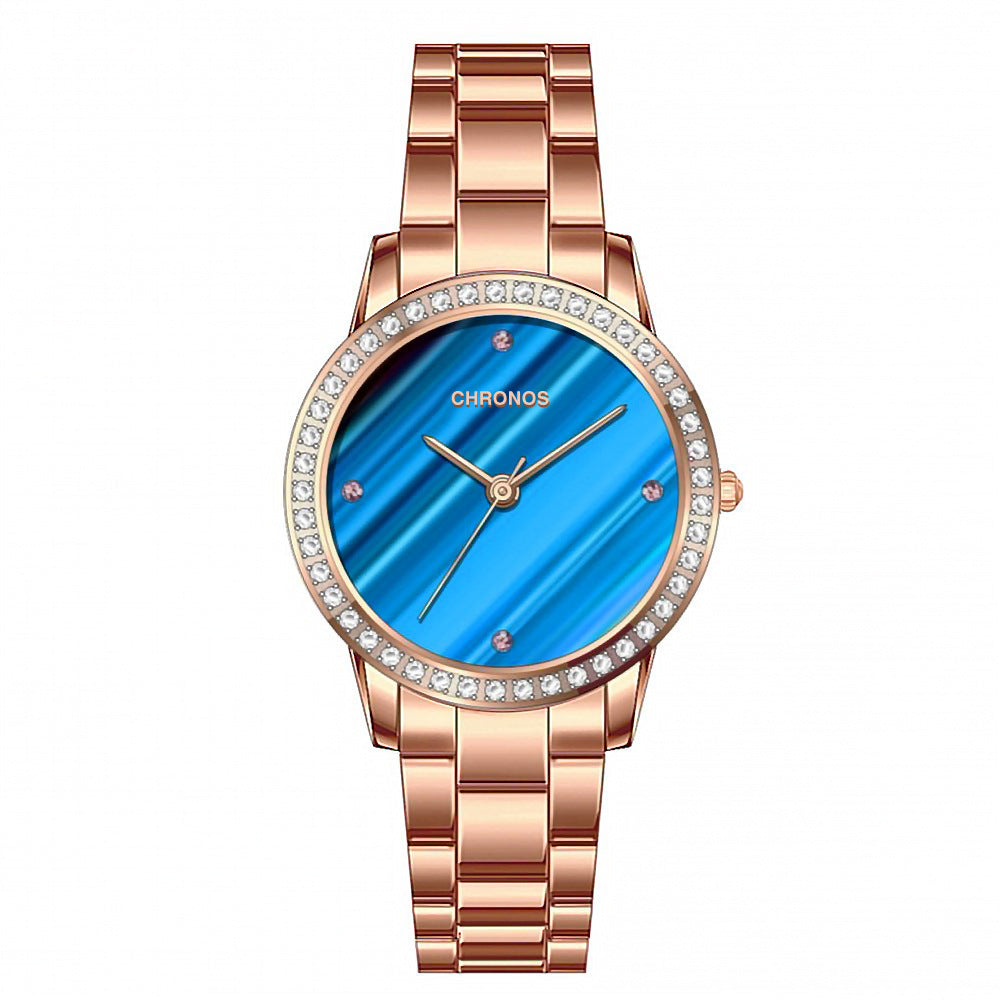 Dames quartzhorloge met strass, stalen band, waterdicht, luxe design, damesmode quartzhorloge
