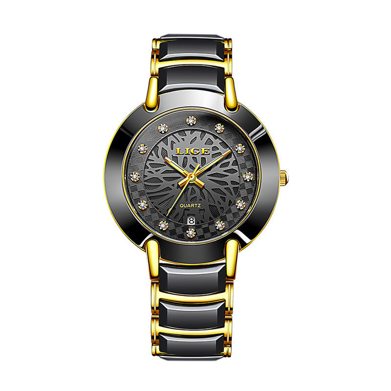 LIGE Women's fashion Imported Movement Quartz Watch Ceramic Band Watch Dimond Crafted Couple Quartz Watch