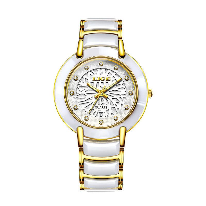 LIGE Women's fashion Imported Movement Quartz Watch Ceramic Band Watch Dimond Crafted Couple Quartz Watch