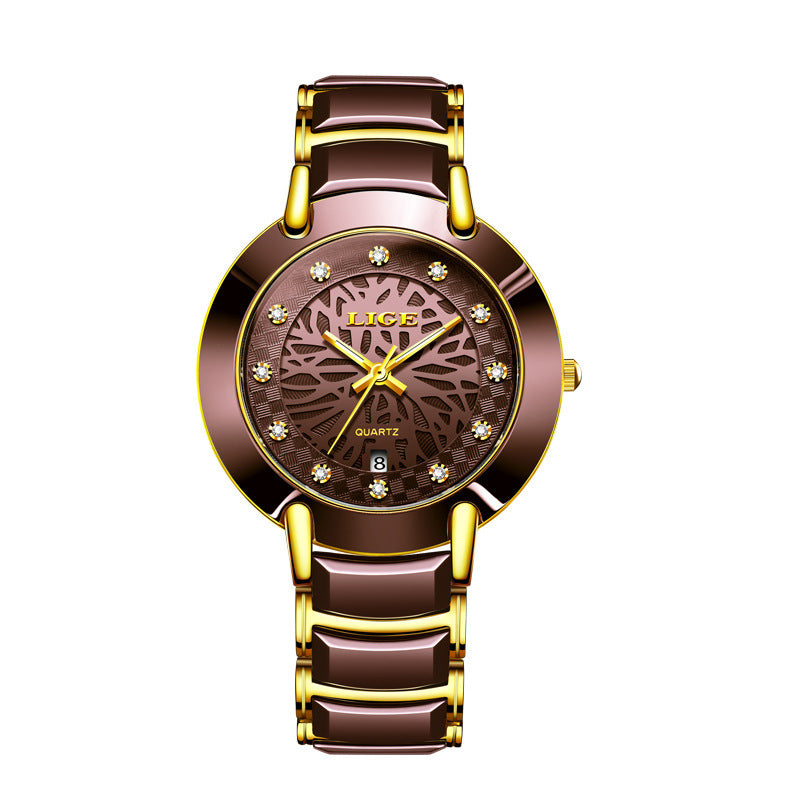 LIGE Women's fashion Imported Movement Quartz Watch Ceramic Band Watch Dimond Crafted Couple Quartz Watch