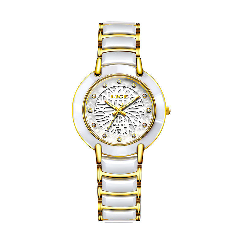 LIGE Women's fashion Imported Movement Quartz Watch Ceramic Band Watch Dimond Crafted Couple Quartz Watch