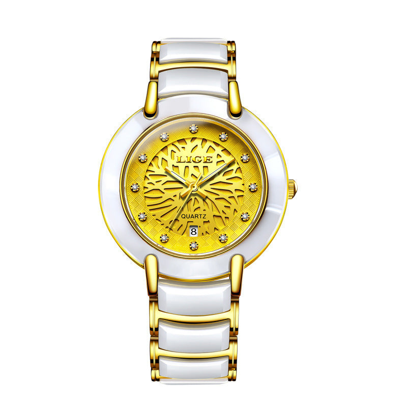 LIGE Women's fashion Imported Movement Quartz Watch Ceramic Band Watch Dimond Crafted Couple Quartz Watch