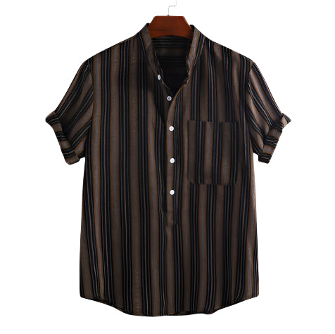 Men's Shirt Fashionable Casual Solid Color Stripe Shirt Short Sleeve Lapel Collar Printed Shirt Hawaiian Men's Casula Shirt