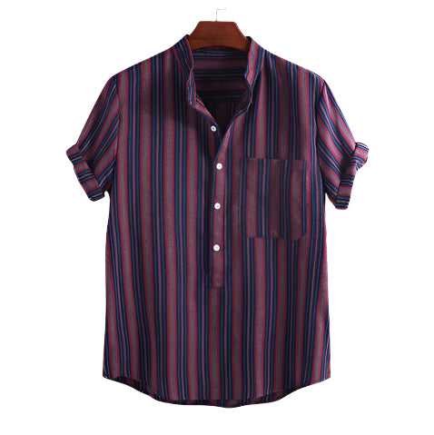 Men's Shirt Fashionable Casual Solid Color Stripe Shirt Short Sleeve Lapel Collar Printed Shirt Hawaiian Men's Casula Shirt