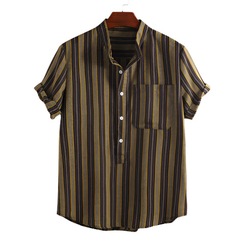 Men's Shirt Fashionable Casual Solid Color Stripe Shirt Short Sleeve Lapel Collar Printed Shirt Hawaiian Men's Casula Shirt