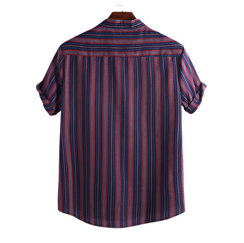 Men's Shirt Fashionable Casual Solid Color Stripe Shirt Short Sleeve Lapel Collar Printed Shirt Hawaiian Men's Casula Shirt