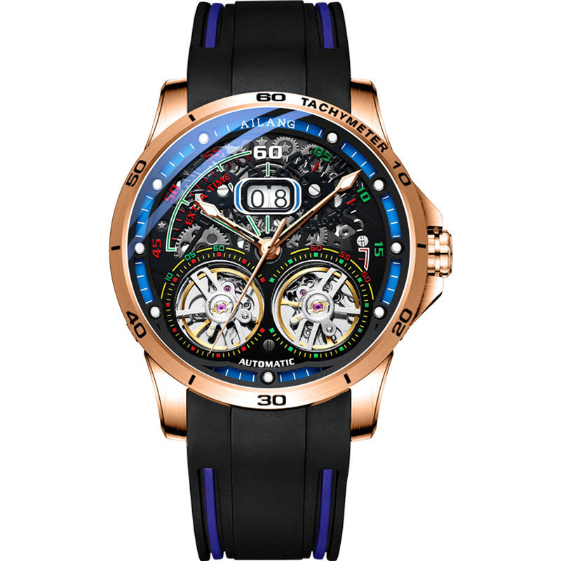 AILANG Luxury Double Tourbillon Watches for Men Calendar Mechanical Waterproof Double Flywheel Hollow Watch