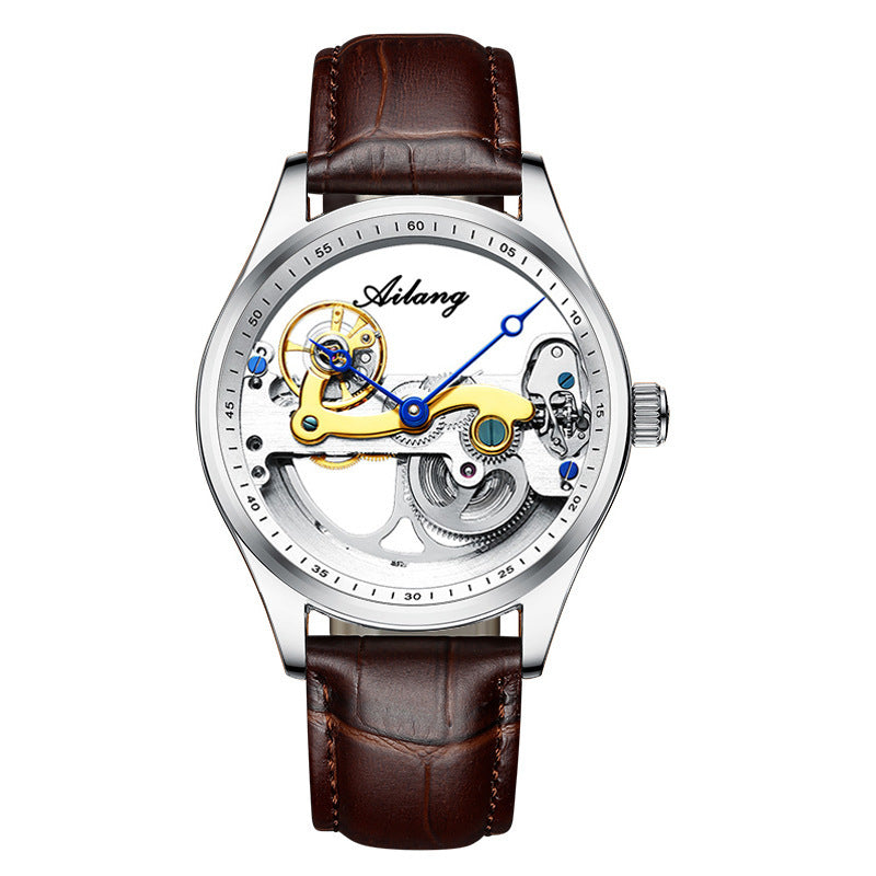 Ailang Men's Business Casual Automatic Mechanical Watch Creative Hollow Leather Band Waterproof Man Watch - Acquisti Online