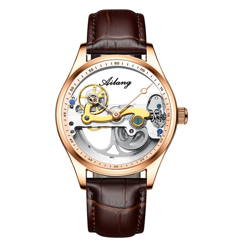 Ailang Men's Business Casual Automatic Mechanical Watch Creative Hollow Leather Band Waterproof Man Watch - Acquisti Online