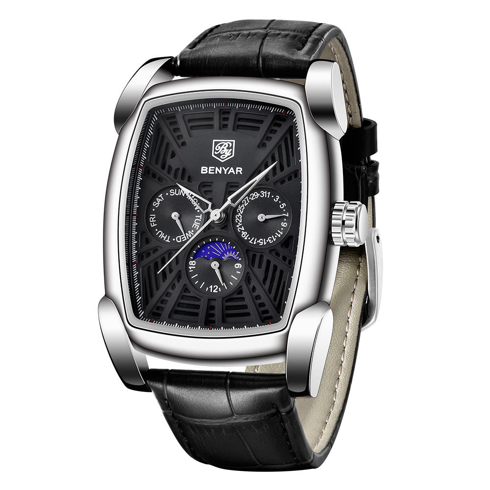 Benyar Fashionable Men's Casual Watch Leather Band Waterproof Automatic Quartz Movement Man Watch - Acquisti Online