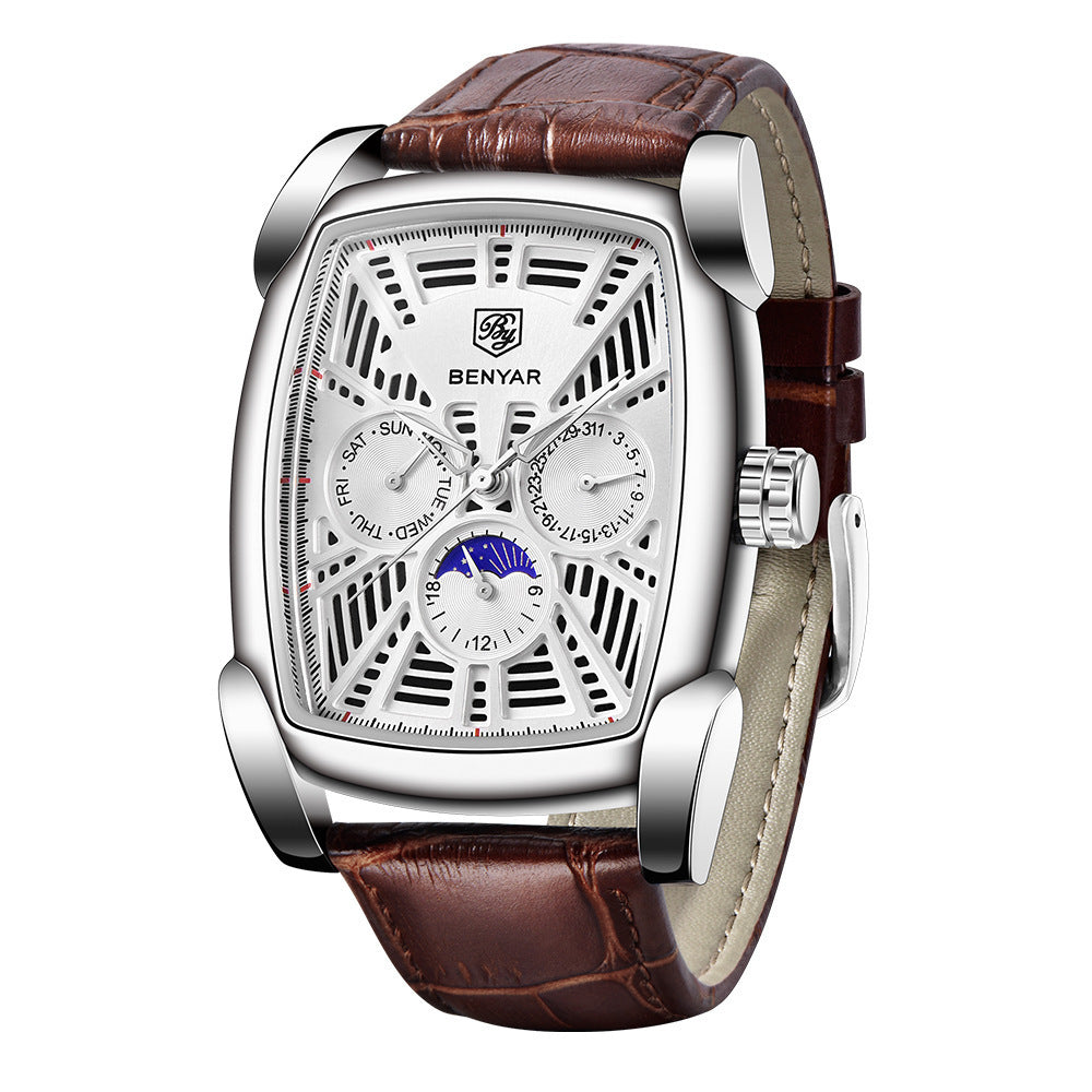 Benyar Fashionable Men's Casual Watch Leather Band Waterproof Automatic Quartz Movement Man Watch - Acquisti Online
